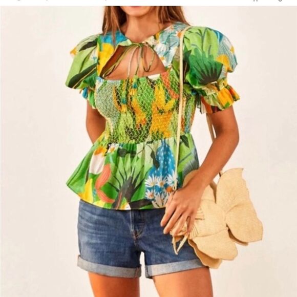 Farm Rio Vintage Toucans Smocked Peplum Top Medium - Picture 1 of 14